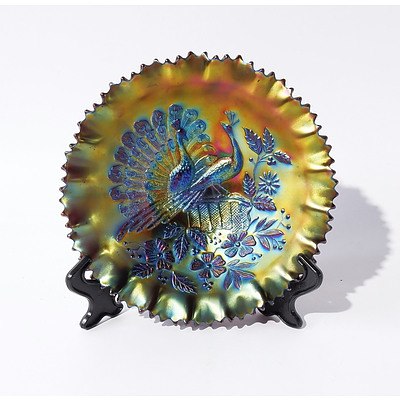 Northwood Carnival Glass Bowl in the Peacocks On a Fence Pattern