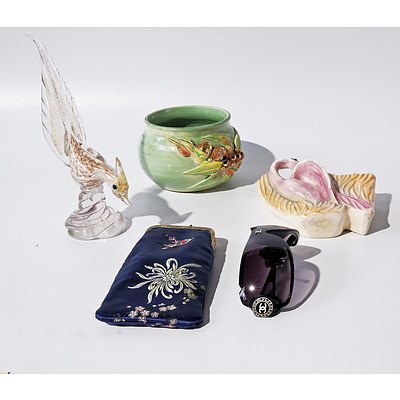 Australian Sayer Pottery Vase, Art Glass Rooster, Ceramic Wall Vase and Chanel Sunglasses in Purse