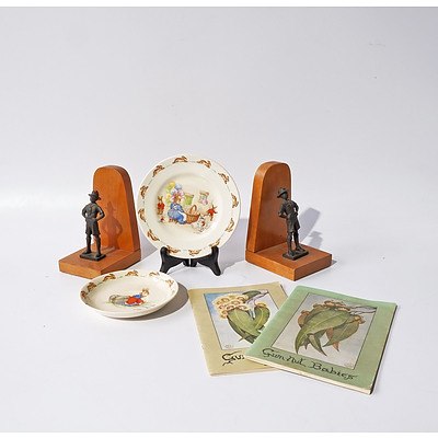 Two Scout Themed Bookends, Two Gumnut Babies Books and Two Royal Doulton Barbara Vernon Bunnykins China Items