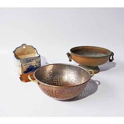 Vintage Ceramic Salt Cellar, Copper Collander and Copper Fruit Dish
