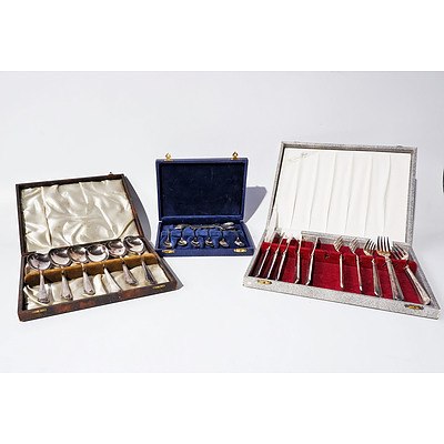 Three Boxed Sets of Silver Plate Cutlery Including Five Fish Knives and Forks, Ten Teaspoons and Six Large Spoons