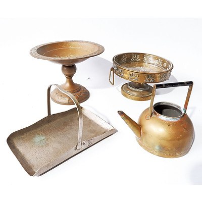 Quantity of Art Nouveau Copper, Brass and Pewter Items inluding Two Tazzas, One with Original Glass Liner, a Kettle and Pewter Tray