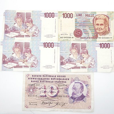 Four 1990 Italian 1000 Lire Notes and Swiss 10 Franc Note