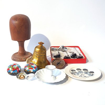 Turned Timber Hat Form, Glass Cane Paperweights, English Beatles Dish and More