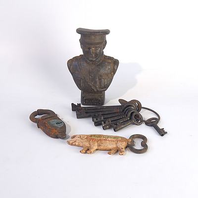 Cast Metal Military Bust, Novelty Pig Bottle Opener, Railway Lock and Vintage keys with Label