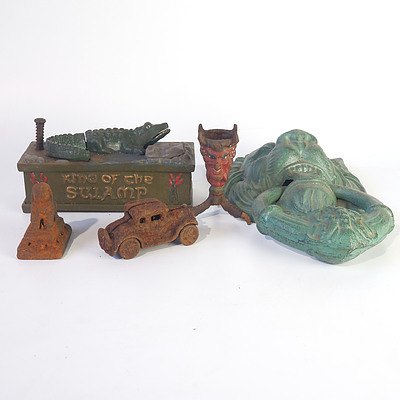 Novelty King of the Swamp Cast Iron Money Box,  Antique Style Cast Metal Lion Head Door Knocker and More