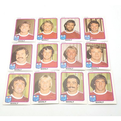 Twelve Scanlens 1981 Manly Footy Cards, Including Steve Martin, Tom Mooney, Graham Eadie and More