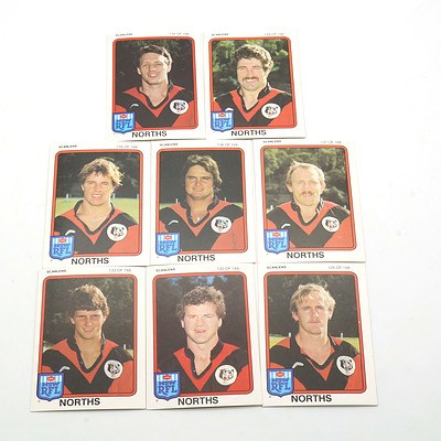 Eight Scanlens 1981 Norths Footy Cards, Including John Gary, Keith Harris, Mark Graham