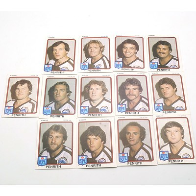 Thirteen Scanlens 1981 Penrith Footy Cards, Including Ken Wolffe, Tim Sheens, Glenn West and More