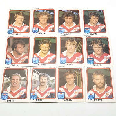 Twelve Scanlens 1981 Easts Footy Cards, Including Royce Ayliffe, Robert Laurie, Terry Fahey and More