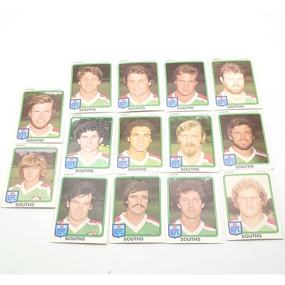 Fourteen Scanlens 1981 Souths Footy Cards, Including Nathan Gibbs, Charlie Frith, John Peek and More