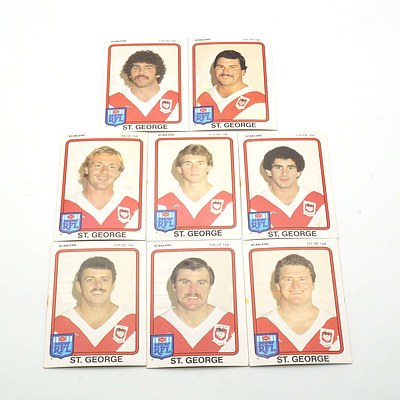 Eight Scanlens 1981 St George Footy Cards, Including Robert Stone, Rod Reddy, Craig Young and More