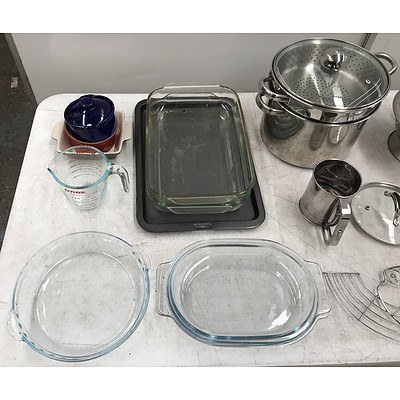 Kitchen Pots Pans and Dishes Including Pyrex