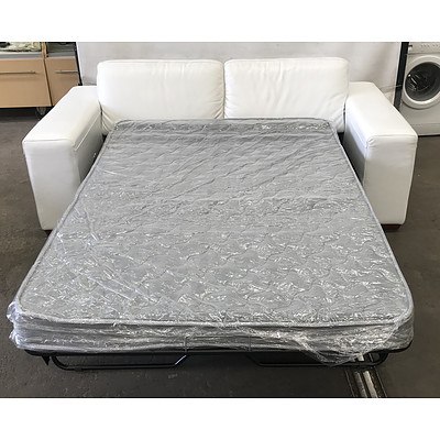 Three Seater White Leather Fold Out Sofa Bed