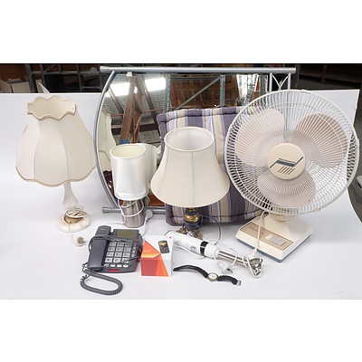 Assorted Homewares including: Three Lamps, A Mirror, Fan, Phones, Stick Blender, Watch and more