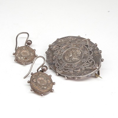 Victorian Sterling Silver Brooch and Matching Earrings, Brooch, Birmingham 1883