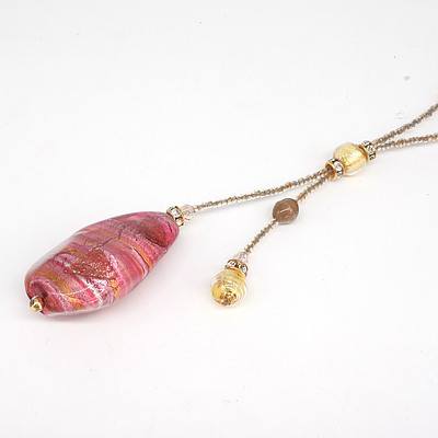 Italian Glass Necklace with Glass Pendant with Pink, White and Amber Coloured Inclusions