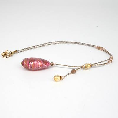 Italian Glass Necklace with Glass Pendant with Pink, White and Amber Coloured Inclusions