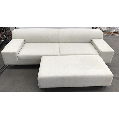 Three Seater Off White Fabric Couch with White Olive Ottoman