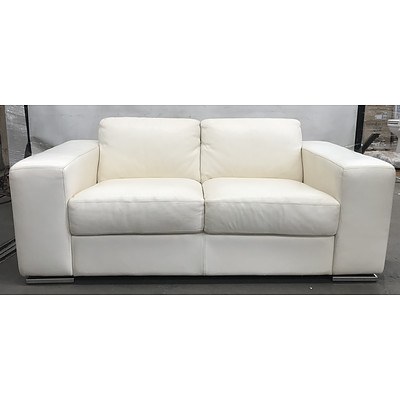 Two Person White Leather Couch with White Leather Ottoman