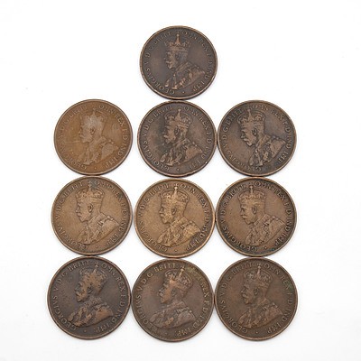 Ten Australian George V Pennies, 1912, 1913 and 1914