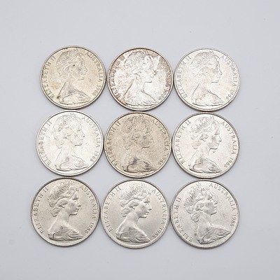 Nine Australian 1966 Silver Fifty Cent Coins