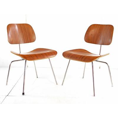 Pair of Replica Eames Walnut Veneered Moulded Plywood and Steel 'DCM' Chairs