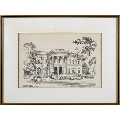 Jas F Murray "Gateway to the Breakers" Pencil Sketch, and Bernard Corey "Marble House Newport" Pencil Sketch