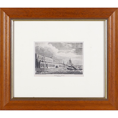 Two Framed Antiquarian English Engravings, Somerset House and New Customs House