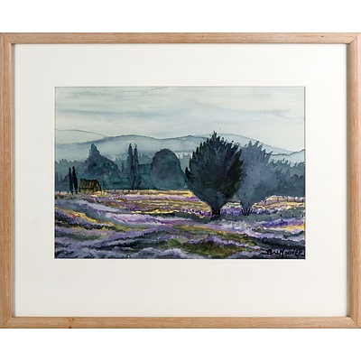 Bill Mooney "Derelict Lavender Farm" Watercolour, and Amry E Urquhart "Valley" Oil on Board