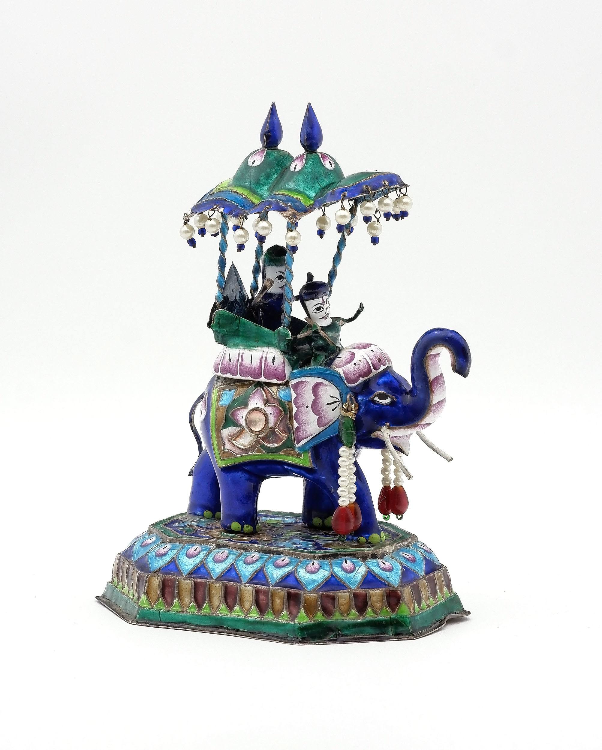 'Vintage Indian Silver and Enamel Decorated Elephant Group'