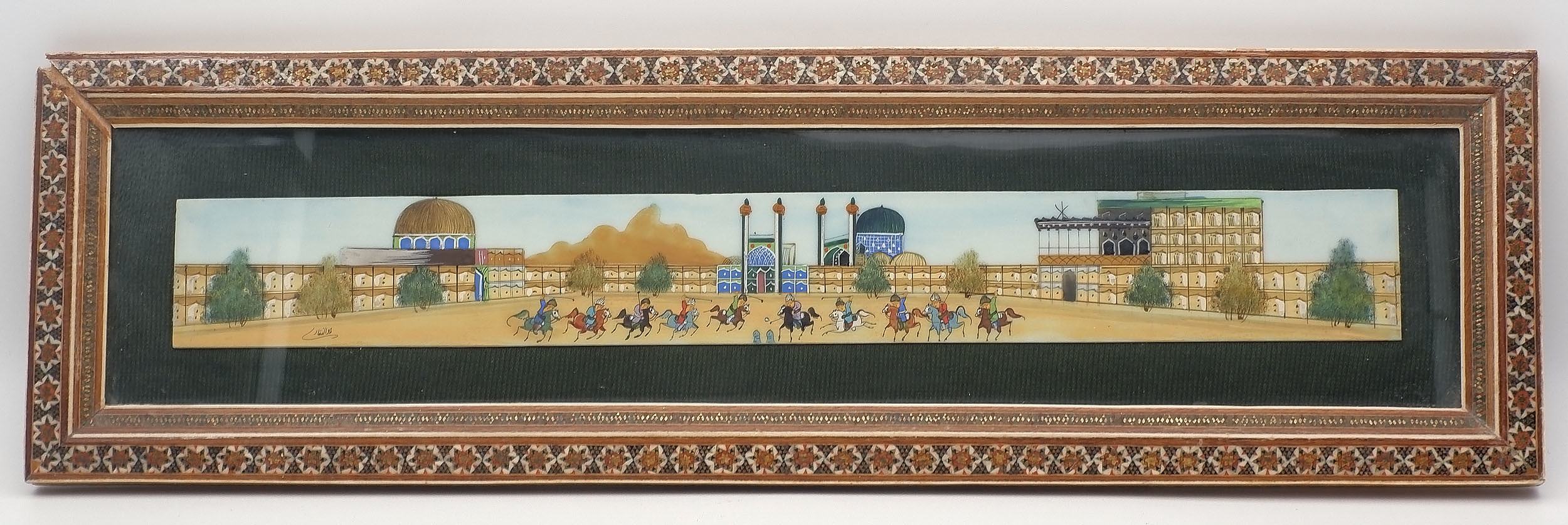 'Signed Persian Miniature Painting of a Polo Match in Sadeli Work Inlaid Frame, Late 20th Century'
