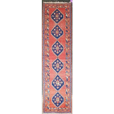 Antique Persian Qashqai Hand Knotted Wool Pile Runner, all Natural Dyes with a Madder Ground Circa 1900