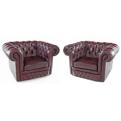 Good Pair of Burgundy Leather Deep Buttoned Chesterfield Armchairs