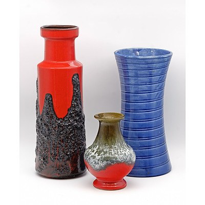 Two 1970s West German Pottery Vases with 'Volcanic' Glazes and Another Unmarked Vase