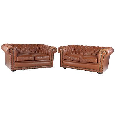 Pair of Moran Tan Deep Buttoned Leather Chesterfield Lounges