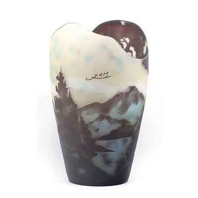 Reproduction Galle Cameo Glass Vase with Mountain Lake Scene
