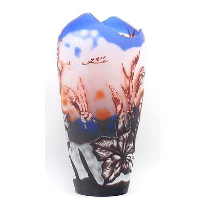 Reproduction Galle Cameo Glass Vase with Butterfly and Flowers