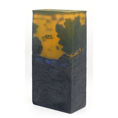 Reproduction Galle Cameo Glass Vase with Sunset Mountain Scene