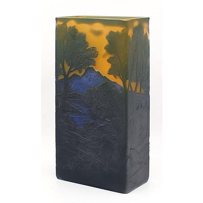 Reproduction Galle Cameo Glass Vase with Sunset Mountain Scene