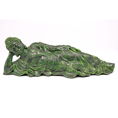 Chinese Moulded Resin Imitation Jade Figure of a Reclining Buddha, Later 20th Century
