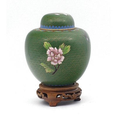 Chinese Cloisonne Ginger Jar Decorated with Peony Rose on Pierced Hardwood Stand
