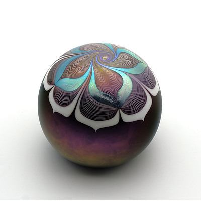 Art Glass Paperweight with Combed Iridescent Design