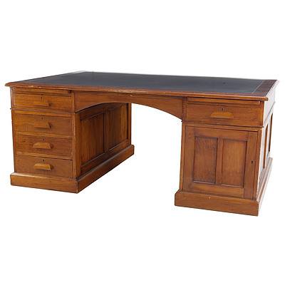 Ex Old Parliament House Maple Pedestal Desk with Leatherette Inlay