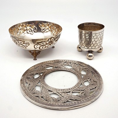 Cyprus 830 Silver Bowl With Repousse Decoration, Silver Topped Glass Trivet and a European Silver Ball Foot Beaker