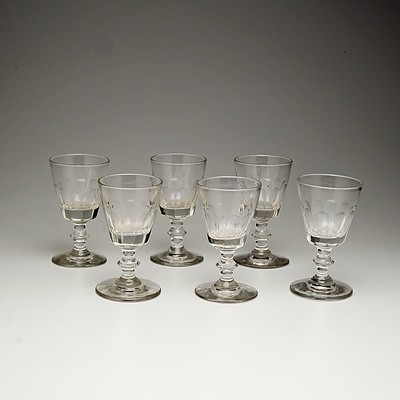 Six Antique Hand Blown and Cut Glass Sherry Glasses