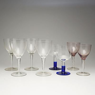 Six Twist Stem Wine Glasses and Two Blue Stem Glasses