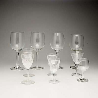 Four Large Wine Glasses and Six Cut Glass Sherry Glasses