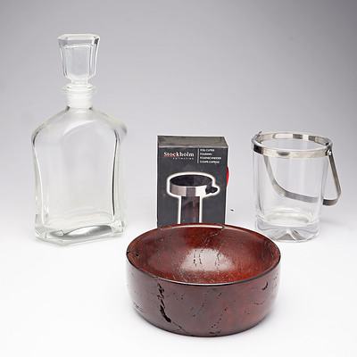 Contemporary Glass Decanter with Stopper, Ice Bucket , Foil Cutter and Turned Wooden Bowl