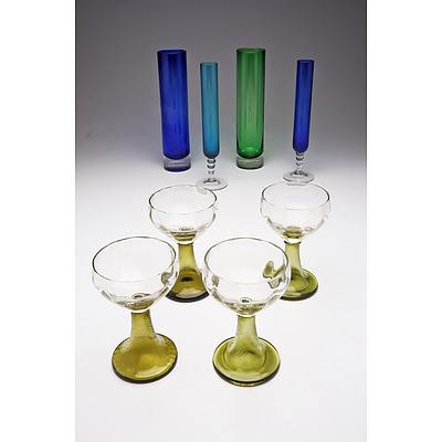 Eight Retro Glass Items Including Four Coloured Vases and Four Goblets